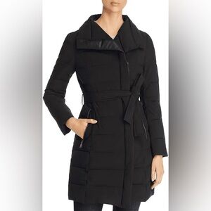 TAHARI Asymmetrical Belted Stand Collar Puffer Coat In Black
